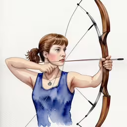 woman aiming a bow for her bow aiming game,a painting of a girl aiming an arrow