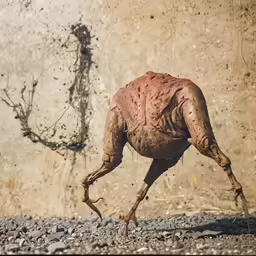 a weird looking object near a wall that is brown