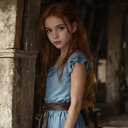 a young girl with long red hair and blue dress standing in front of a doorway