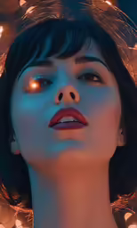 a woman with bright lights on her face