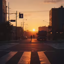 a person walks down a street in the early hours