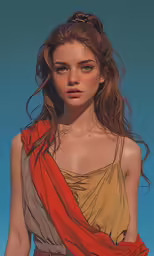 a woman wearing a red and tan shirt