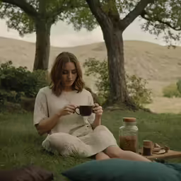 a woman sitting in the grass with a mug and bag