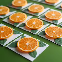 many pieces of cut up oranges sitting on a green table
