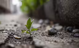 small plant growing from cracks in street next to pavement
