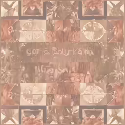 multiple pictures and words in a pattern, combined in red and yellow