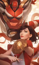two women wearing costumes are facing each other