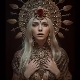 a woman wearing an elaborate costume with a rose on her head