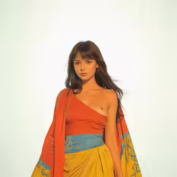 a model is shown in an orange one shoulder top