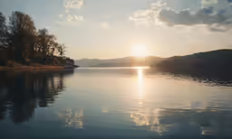 the sun rises over mountains and trees on the water