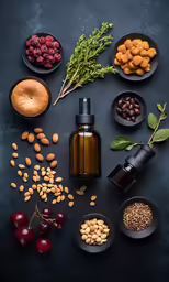 several small black dishes with ingredients including nuts and olives