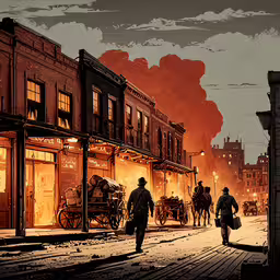 the man is walking down the street in a village,a city street at night with a man walking on the road