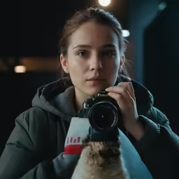 the woman in black hoodie is holding a camera