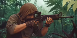 a man in a full body army outfit holding up an automatic rifle