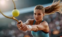 a woman is hitting the tennis ball with her racket