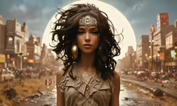 the woman is standing in front of a full moon