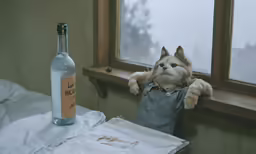a small stuffed animal in overalls and a bottle by a window