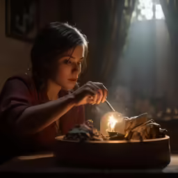 woman lighting a candle at a table full of food