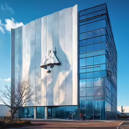 the face of an individual is attached to the facade of a modern building