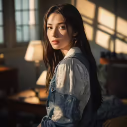 a woman is looking at the camera and sitting down