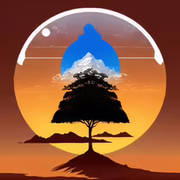 there is an illustration with a tree and mountains