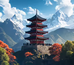 the four - tiered pagoda stands out in front of a mountain backdrop
