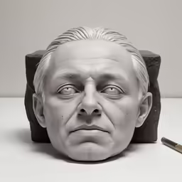 a head sculpture sitting next to a brush