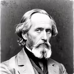 a black and white photo of a man with a long beard