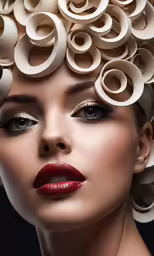 a woman with curl - up hair and makeup looks down with red lips