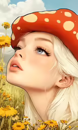 a digital painting of a blonde haired girl wearing a mushroom hat