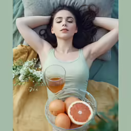 a woman lies in bed with her eyes closed while holding a grapefruit