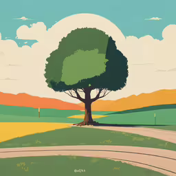 a large painting of a big tree on a road,an abstract style painting with trees in the background