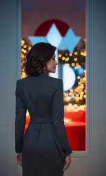 a woman wearing grey is looking out a front door