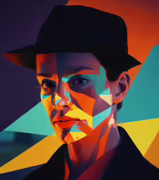 this artwork depicts a man with big eyes wearing a fedora,a woman in black hat and suit, all of which are brightly colored