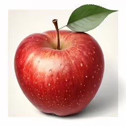 the red apple has a green leaf on the end