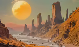 a painting of the setting sun over the coast and some cliffs