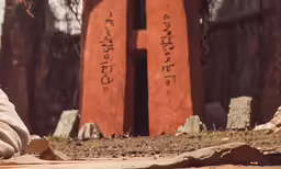 two stone obelisk with writing on them with writing in asian characters behind it