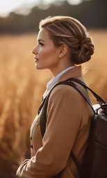 a woman wearing a backpack standing in a field of dry grass