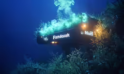 a man scubas under some large deep blue water