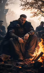 there is a man sitting next to the fire