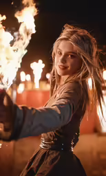 young blonde girl holding up fire hose with spark