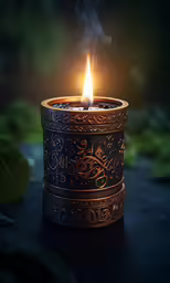a lit candle sitting on top of a black table