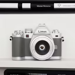 a camera sitting on top of a shelf next to a pen