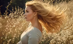 a woman in a grassy field in the sun