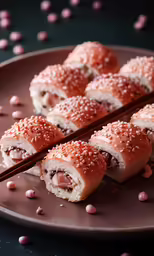 sushi on a plate with pink chopsticks in front of it