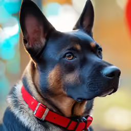 a black and brown dog with a red collar