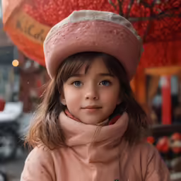 a little girl is wearing a pink hat and a jacket