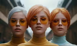 three models wearing yellow glasses are looking straight ahead