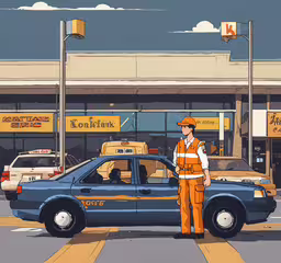 the police car is parked in front of the street,the man is waiting for his taxi to stop