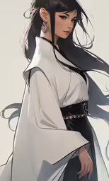the avatar is dressed in grey with long hair and wearing a white cape